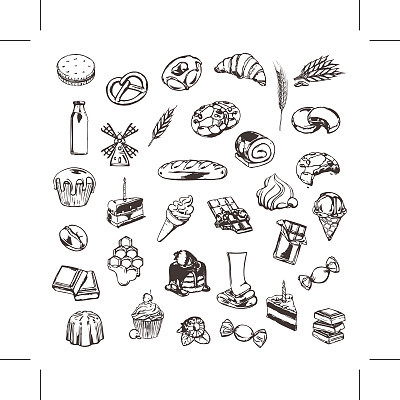 Confectionery, sketches of icons vector set