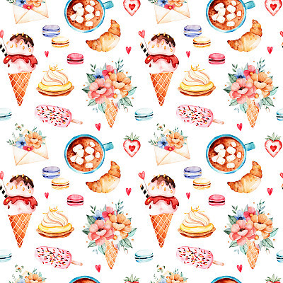 Watercolor sweets background with ice cream, cupcake, bouquet in waffle