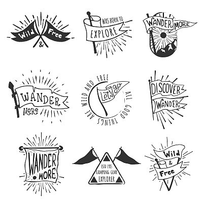 set of adventure and outdoors flag emblems retro