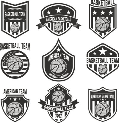 Set of american basketball team labels. Emblems with basketball balls.