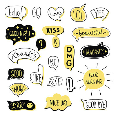 Hand-drawn speech bubble set. Vector illustration, isolated on white.