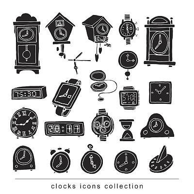Set of clocks and watches, Hand drawn vector illustration.