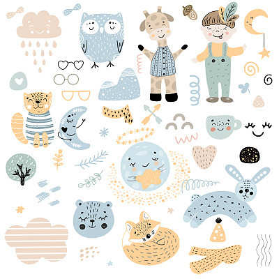 Scandinavian kids doodles elements pattern set color wild animal hand drawn boy; cloud; caharcters; moon; fox; cat; owl; giraffe, glasses, rabbit; bear; cup. Color.