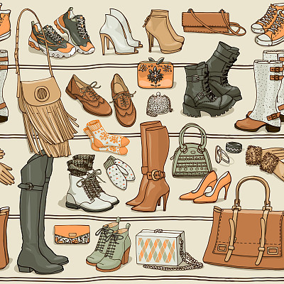Vector seamless pattern of shoes, bags and fashion accessories.