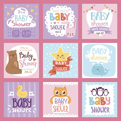 Baby shower invitation vector set card print design layout illustration