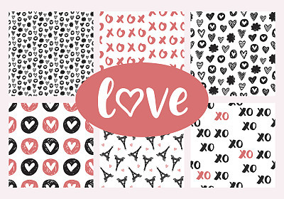 Vector romantic seamless patterns set for Valentines Day, red and black