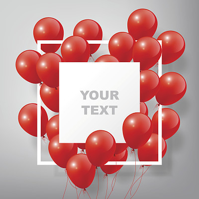 Flying Realistic Colorful Balloons, square white frame, celebrate concept