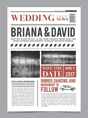 Wedding invitation on newspaper front page. Design vector layout template