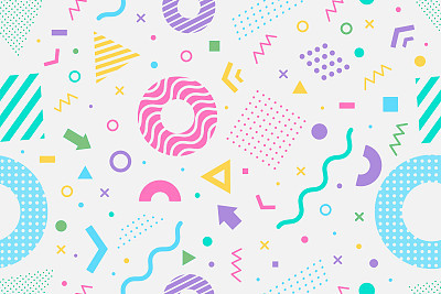Seamless pattern. Vector. Different halftone geometric shape and colorful geometric shapes seamless pattern.