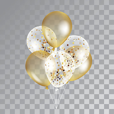 Gold transparent balloons on background.