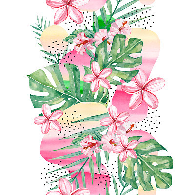 watercolor seamless pattern  tropical flowers, branches and leaves background