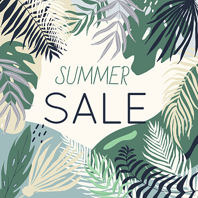 Sale banner with tropical leaves, poster with palm tree, jungle leaf and lettering. Floral tropical summer background design for social media promotional content. Vector illustration