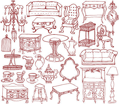 vintage furniture and accessories. hand drawn illustrations.