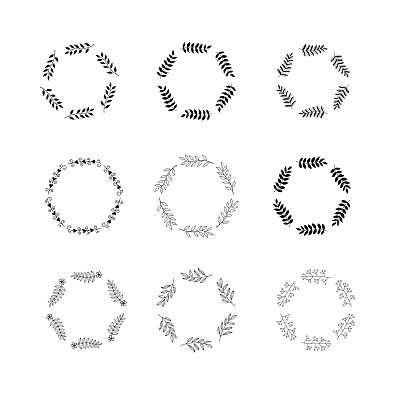 Set of 9 floral round frames. Hand drawn wreaths with leaves isolated on white.  Easy to edit vector elements of design for wedding invitations, , greeting cards.