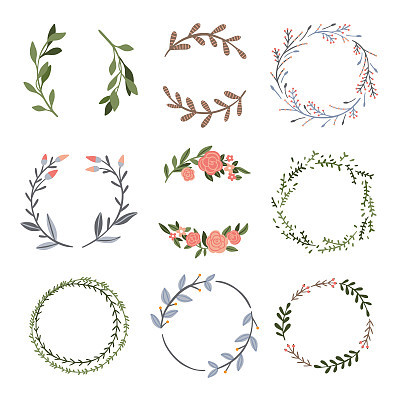 Beautiful vector floral wreaths. Graphic wreaths collection with botanical illustrations with plants and flowers elements