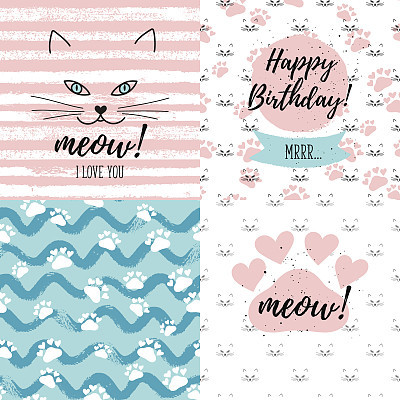 Meow! I love you, Happy Birthday Mrrr fashion graphic print, greeting cards set. Vector hand lettering on abstract painted backgrounds.