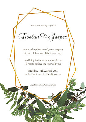 Decorative golden rectangular frame with eucalyptus, fern and boxwood branches isolated on white. For wedding invitations, vignettes, postcards, brunia. Frame
