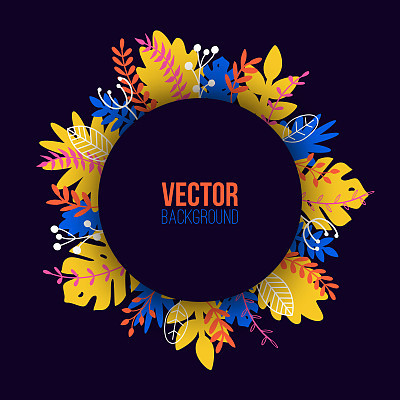 Vector natural illustration in trendy flat style with colorful exotic plants, flowers, leaves and place for text. Modern botanical round frame for banner, greeting card, poster.