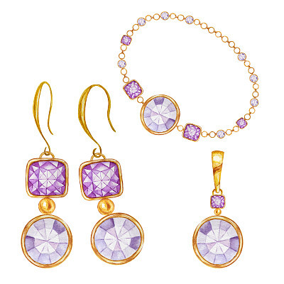 Jewelry set of earrings and bracelete. Purple square and round crystal gemstone with gold element. Beautiful Watercolor drawing bracelete with crystals on golden chain on white background.
