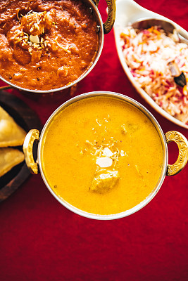 Lamb korma curry inside Karahi Indian Serving Dishes. North Indian food