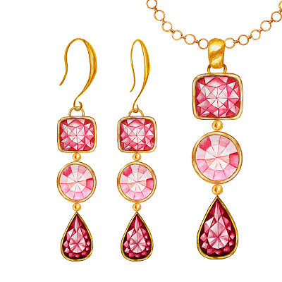 Red drop, square, round crystal gemstone beads with gold element. Watercolor drawing golden Pendant and earrings on white background. Beautiful hand drawn jewelry set.