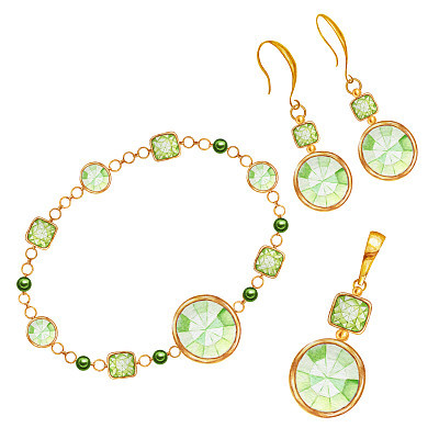 Jewelry set of earrings, pendant and bracelete. Green square, drop and round crystal gemstone with gold element. Beautiful Watercolor drawing crystals on golden chain. Jewelry shop concept
