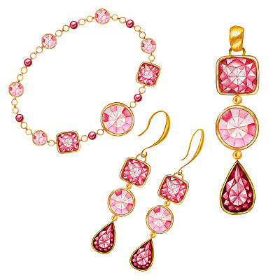 Jewelry set of earrings, pendant, bracelete. Red square, drop, round crystal gemstone with gold element. Beautiful Watercolor drawing crystals on golden chain on white background. Jewelry shop concept