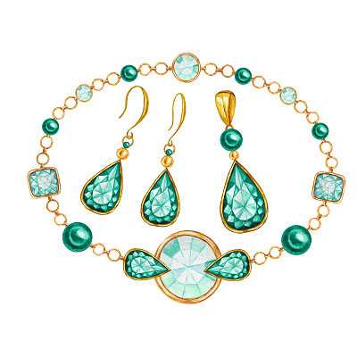 Jewelry set of earrings, pendant, bracelete. Square, drop, round crystal gemstone with gold element. Beautiful Watercolor drawing crystals on golden chain on white background. Jewelry shop concept