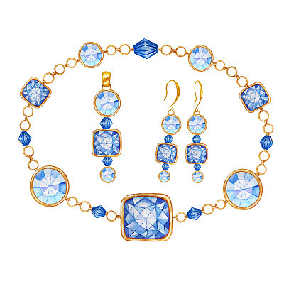 Jewelry set of earrings, pendant and bracelete. Blue square and round crystal gemstone with gold element. Beautiful Watercolor drawing bracelete with crystals on golden chain on white background. Jewelry shop concept