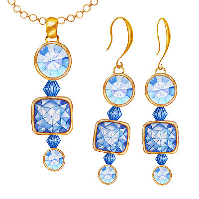Blue square, round crystal gemstone beads with gold element. Watercolor drawing golden Pendant on chain and earrings on white background. Beautiful hand drawn jewelry set.