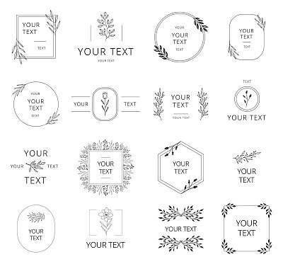 Collection of hand drawn wedding branding with floral elements. Wreaths, borders and frames for feminine design. Vector isolated.