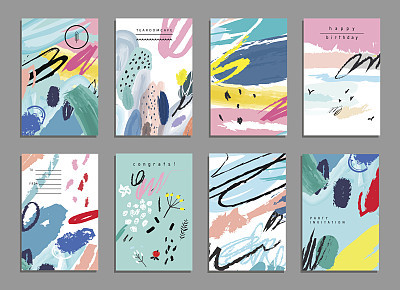 Set of artistic creative universal cards. Hand Drawn textures.