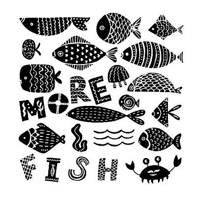 silhouettes of fishes on a white background