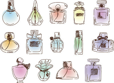 The set of cute different perfumes. Vector flat illustration.
