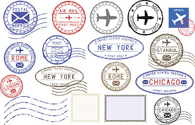 Collection of colored postal stamps from different cities