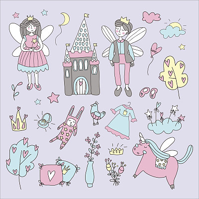 Fairy tale set with with winged characters, the castle, unicorn. Doodle vector illustration.