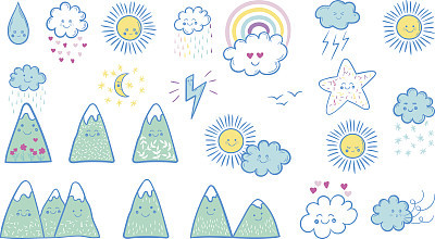 Vector hand drawn kids fashion doodles: sun, cloud, star, mountain, rain, rainbow, lightning. Cute weather set of cartoon stickers, patches, pins