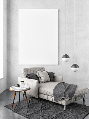 Interior concept mock up poster, sofa hipster background