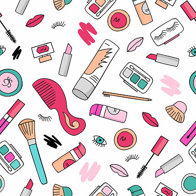 Makeup cosmetics tools and beauty cosmetics. Seamless background.