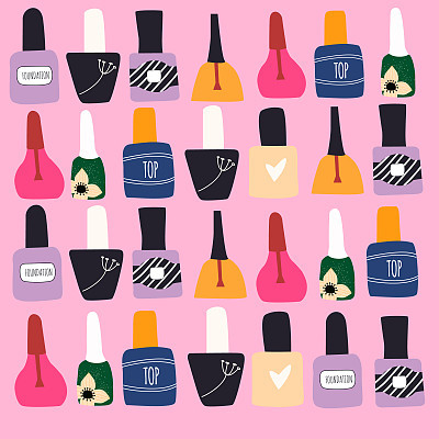 Big set of multicolored nail polish in a cartoon style. bottles filled with transparent varnish. Manicure salon or nail studio or bar  illustration, poster, banner, background. Doodle vector illustration.