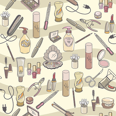 Hand drawn make up and cosmetics vector seamless pattern