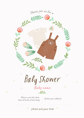 Baby Shower Invitation template with cute illustration of baby clothes for a child: slip, romper, booties, nipple in a flower frame, vector isolated objects for congratulations on a newborn