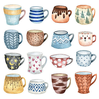 Set of cute hand-drawn watercolor cups. A cozy illustration for a postcard.