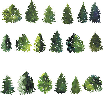 set of trees drawing by watercolor