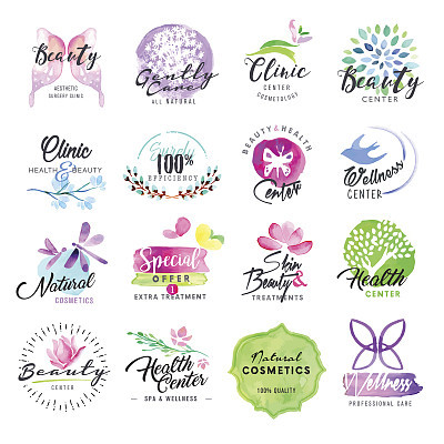 Set of hand drawn watercolor labels for beauty and cosmetics