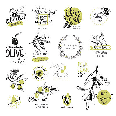 Set of hand drawn watercolor olive oil stickers and badges