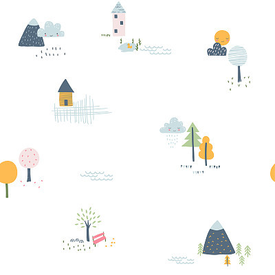 Childish seamless pattern with little houses, trees and mountains