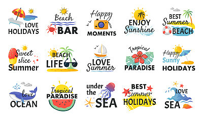 1906.m30.i130.n026.S.c12.1074644834 Beach hand drawn stickers. Summer holidays labels with lettering and tropical elements, sun waves and ice cream. Vector vacation logos
