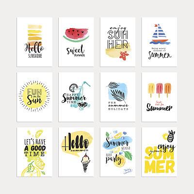 Set of hand drawn watercolor summer cards and banners