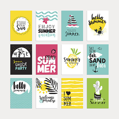 Hand drawn watercolor summer cards and banners collection